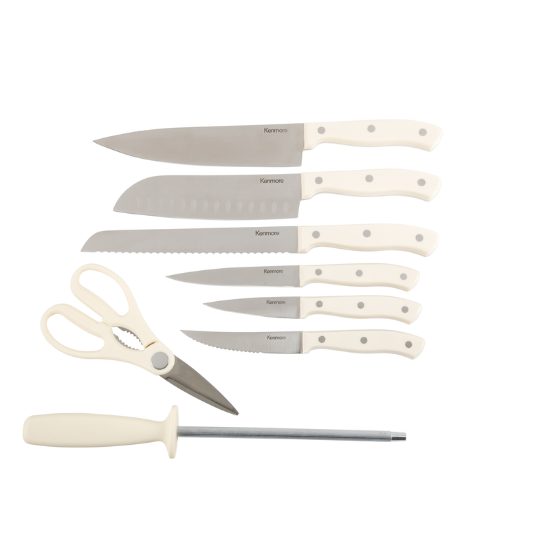Kenmore Kane Glacier 14pc Stainless Steel Cutlery Set w/ Ashwood Block - ABS Handle - Gift Box w/ Remailer : Linen