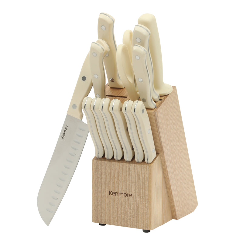 Kenmore Kane Glacier 14pc Stainless Steel Cutlery Set w/ Ashwood Block - ABS Handle - Gift Box w/ Remailer : Linen