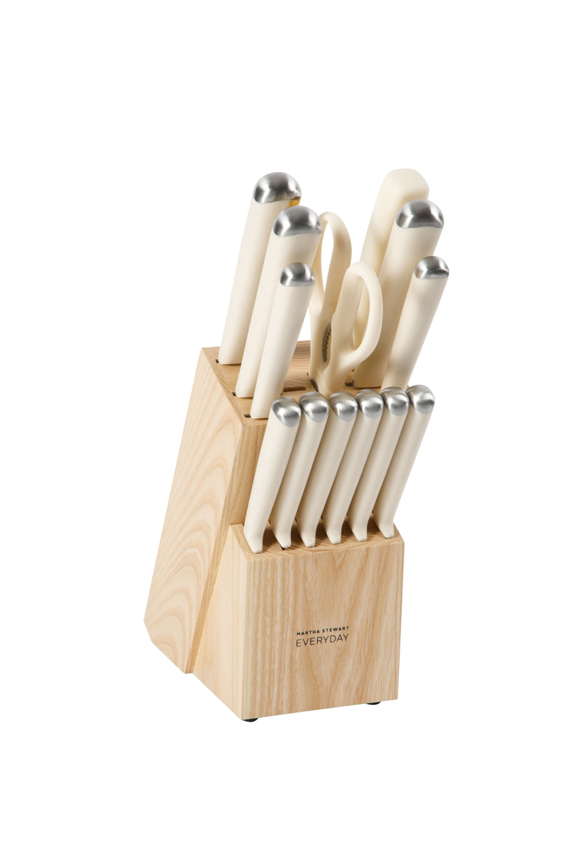 Martha Stewart Everyday Belleridge 14pc Cutlery Set w/ Ashwood Block - Stainless Steel - ABS Handle - GBX