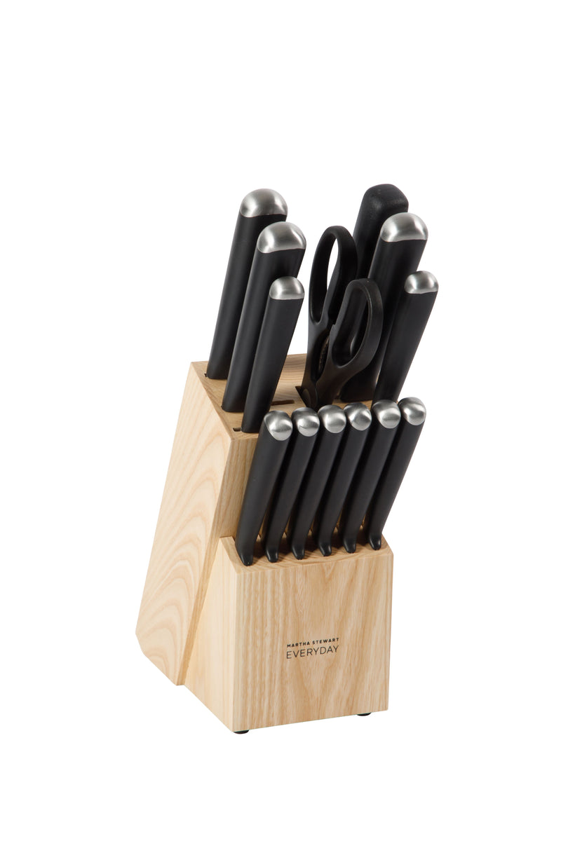 Martha Stewart Everyday Belleridge 14pc Cutlery Set w/ Ashwood Block - Stainless Steel - ABS Handle - GBX