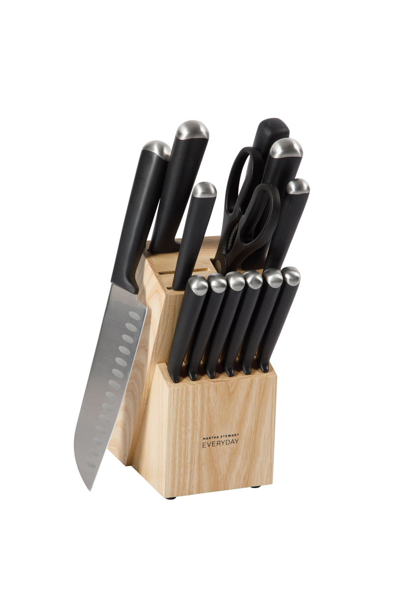 Martha Stewart Everyday Belleridge 14pc Cutlery Set w/ Ashwood Block - Stainless Steel - ABS Handle - GBX
