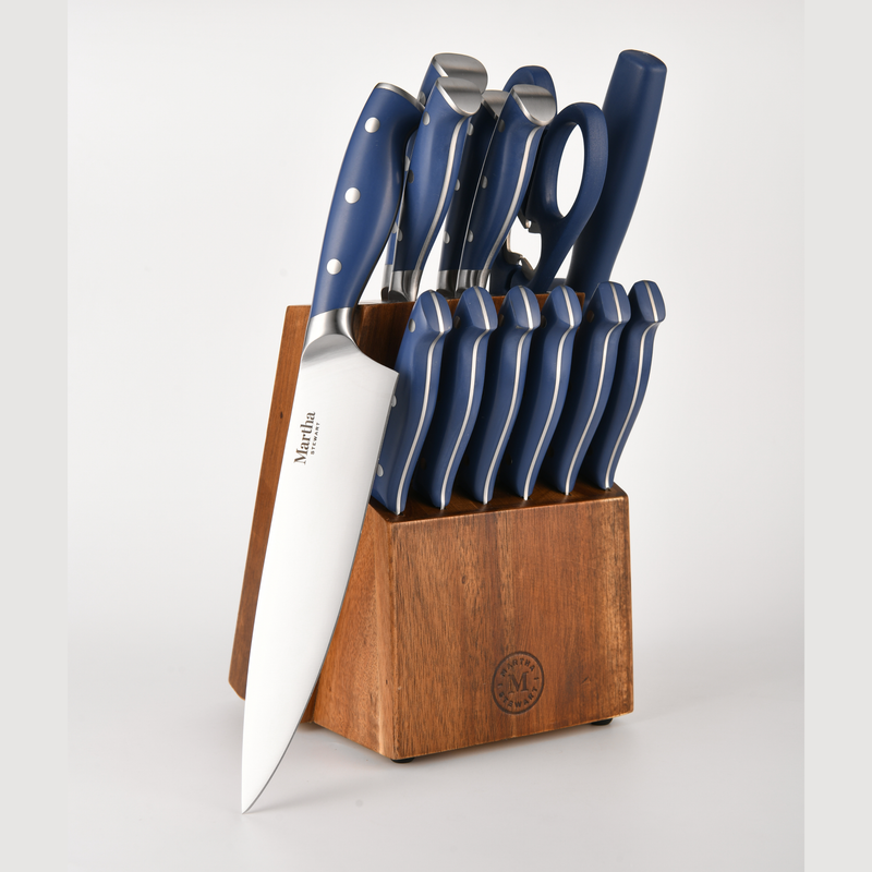 Martha Stewart Greeley 14pc Stainless Steel Cutlery Set w/ Acacia Wood Block - Forged Handle - GBX