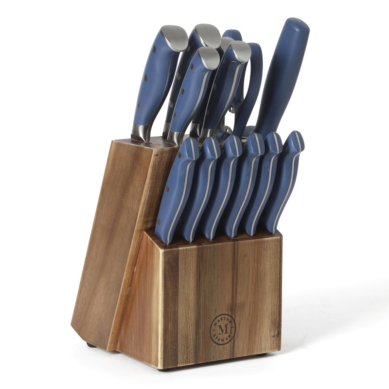 Martha Stewart Greeley 14pc Stainless Steel Cutlery Set w/ Acacia Wood Block - Forged Handle - GBX