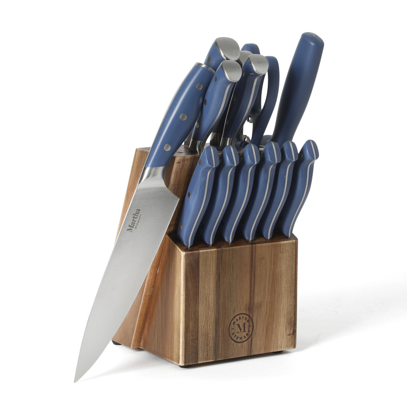 Martha Stewart Greeley 14pc Stainless Steel Cutlery Set w/ Acacia Wood Block - Forged Handle - GBX