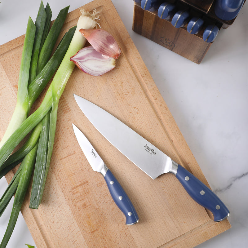 Martha Stewart Greeley 14pc Stainless Steel Cutlery Set w/ Acacia Wood Block - Forged Handle - GBX