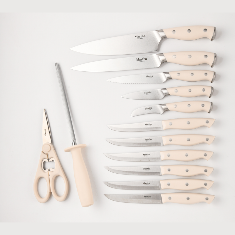 Martha Stewart Greeley 14pc Stainless Steel Cutlery Set w/ Acacia Wood Block - Forged Handle - GBX