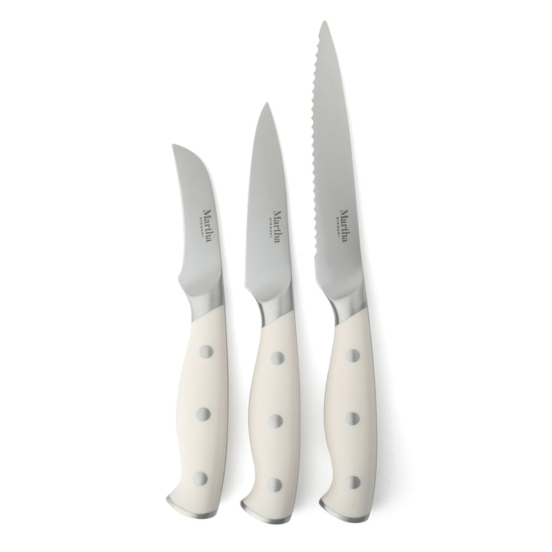 Martha Stewart Greeley 14pc Stainless Steel Cutlery Set w/ Acacia Wood Block - Forged Handle - GBX