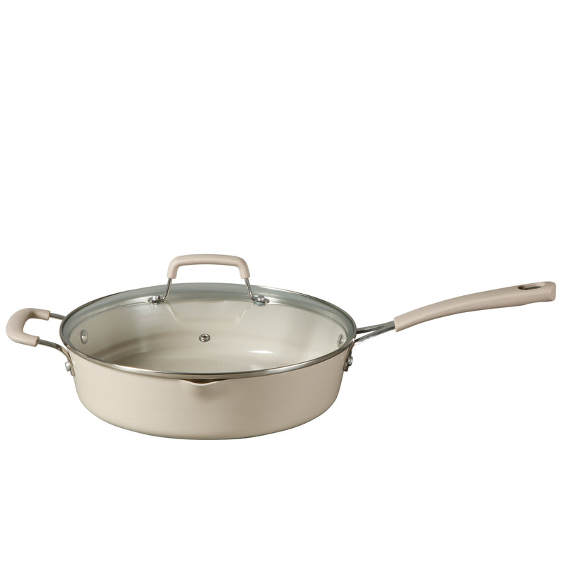 Martha Stewart Heathland 10pc Aluminum Cookware Set - Linen - Taper Shape - Off White Ceramic Interior - Induction - Silicone Handle - Gift Box w/ Remailer