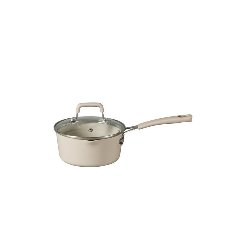 Martha Stewart Heathland 10pc Aluminum Cookware Set - Linen - Taper Shape - Off White Ceramic Interior - Induction - Silicone Handle - Gift Box w/ Remailer