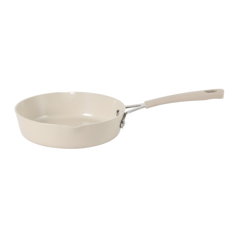 Martha Stewart Heathland 8" Aluminum Frying Pan - Taupe - Taper Shape - Ceramic Non-Stick Interior - Induction - Silicone Handle - Open Stock w/ Color Sleeve