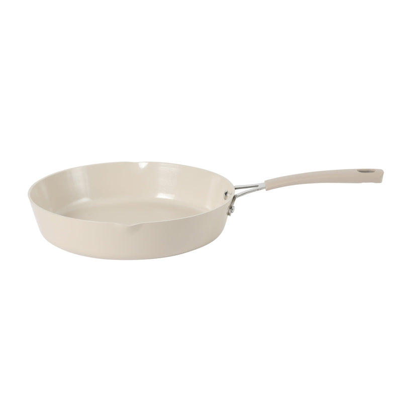 Martha Stewart Heathland 11" Aluminum Frying Pan - Taupe - Taper Shape - Ceramic Non-Stick Interior - Induction - Silicone Handle - Open Stock w/ Color Sleeve