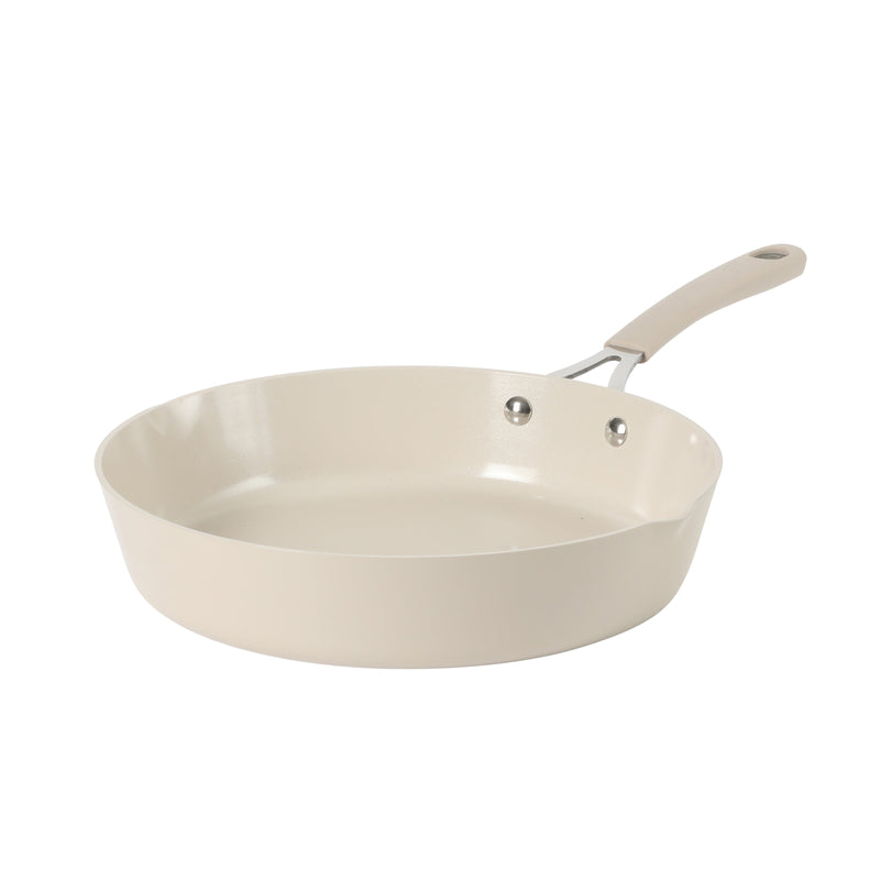 Martha Stewart Heathland 11" Aluminum Frying Pan - Taupe - Taper Shape - Ceramic Non-Stick Interior - Induction - Silicone Handle - Open Stock w/ Color Sleeve