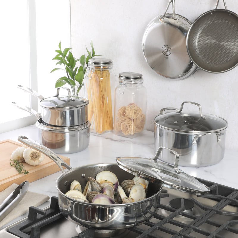 Martha Stewart Badgley 10pc Tri-Ply Stainless Steel Cookware Set - Etching Ceramic Non-Stick Interior - Stainless Steel Handle - Gift Box w/ Remailer