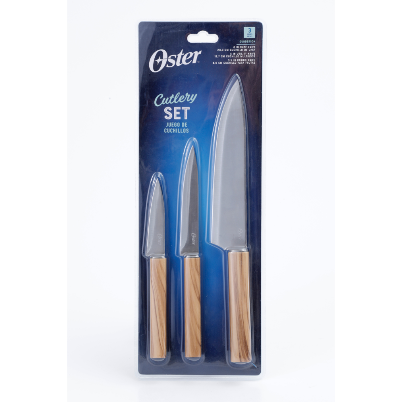 Oster Huntingfield 3pc Stainless Steel Cutlery Set - PP w/ Olive Wood Look PP Handle - Clampack