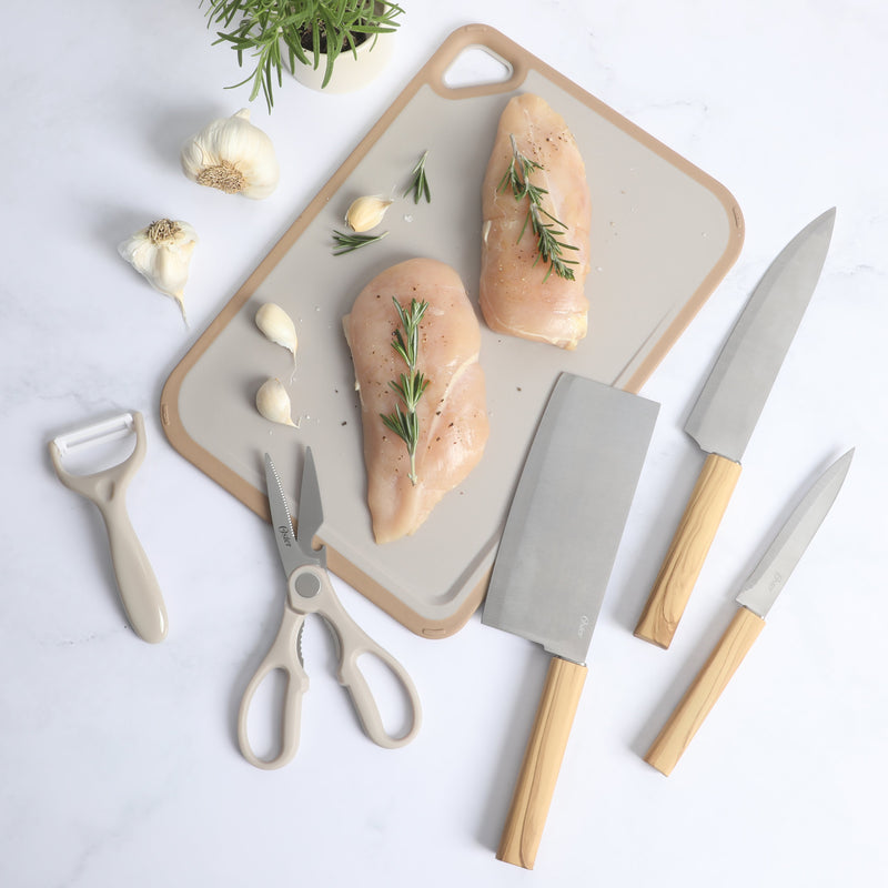 Oster Huntingfield 6pc Stainless Steel Cutlery Set w/ Cutting Board - PP w/ Olive Wood Look PP Handle - Clampack