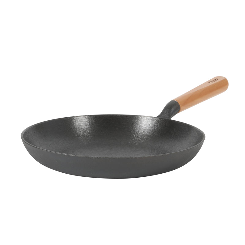 Oster Flintfield 11" Preseason Cast Iron Skillet - Circular Rough Polished Interior - No Rivets Wood Handle - Color Sleeve w/ Remailer