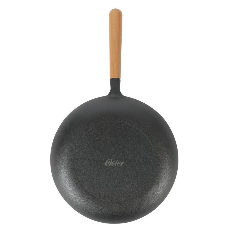 Oster Flintfield 11" Preseason Cast Iron Skillet - Circular Rough Polished Interior - No Rivets Wood Handle - Color Sleeve w/ Remailer