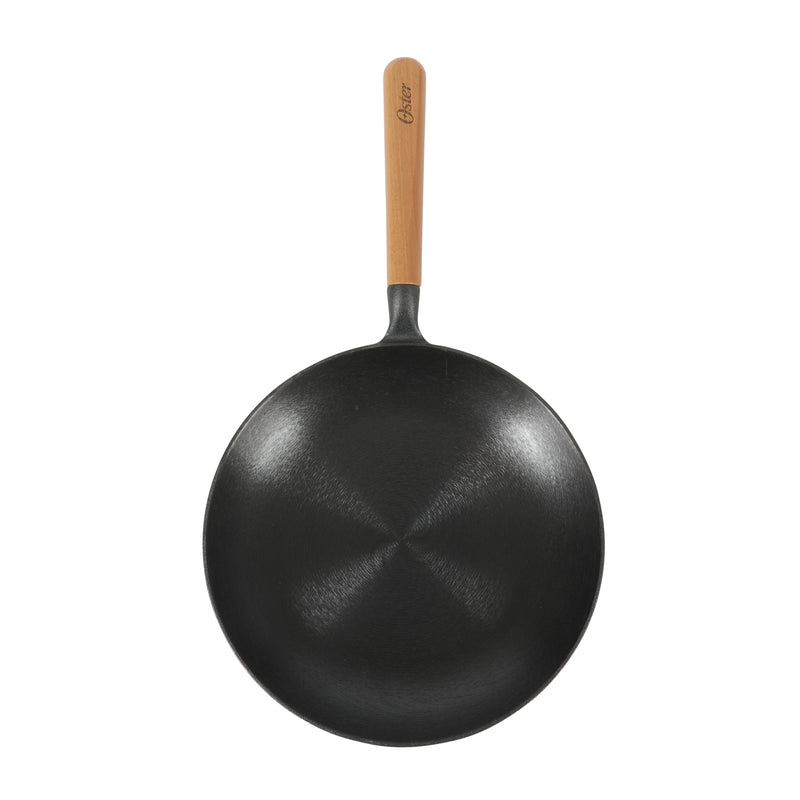 Oster Flintfield 11" Preseason Cast Iron Skillet - Circular Rough Polished Interior - No Rivets Wood Handle - Color Sleeve w/ Remailer