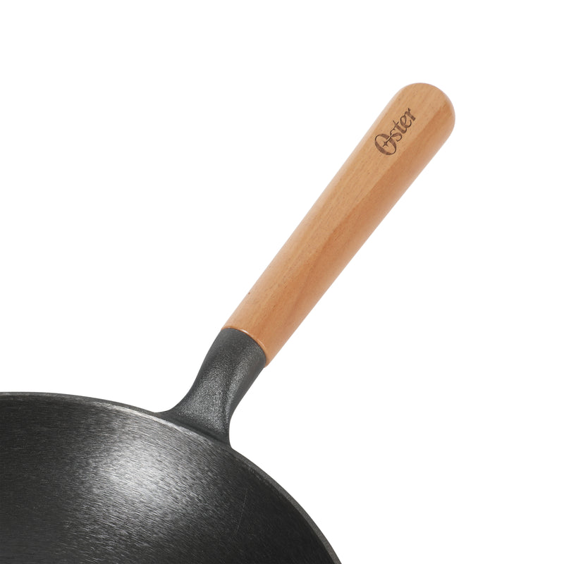Oster Flintfield 11" Preseason Cast Iron Skillet - Circular Rough Polished Interior - No Rivets Wood Handle - Color Sleeve w/ Remailer