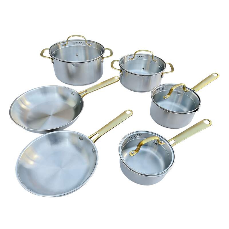 Oster Platinum Sunstreak 10pc Stainless Steel Cookware Set w/ Glass Strainer Lid - Gold PVD Handle - Gift Box w/ Remailer