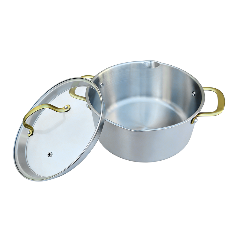 Oster Platinum Sunstreak 10pc Stainless Steel Cookware Set w/ Glass Strainer Lid - Gold PVD Handle - Gift Box w/ Remailer