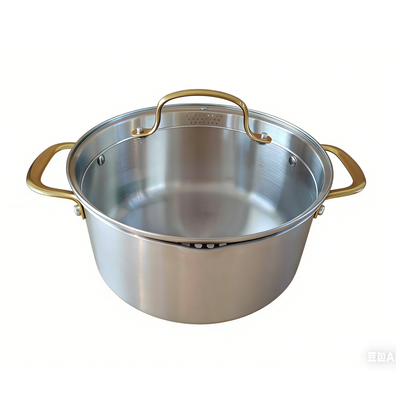 Oster Platinum Sunstreak 10pc Stainless Steel Cookware Set w/ Glass Strainer Lid - Gold PVD Handle - Gift Box w/ Remailer
