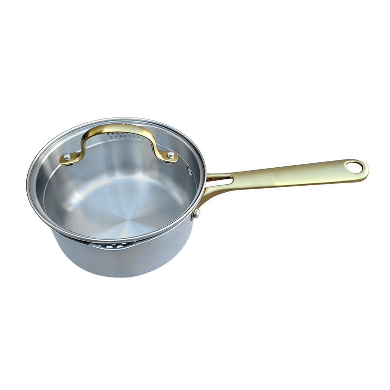 Oster Platinum Sunstreak 10pc Stainless Steel Cookware Set w/ Glass Strainer Lid - Gold PVD Handle - Gift Box w/ Remailer