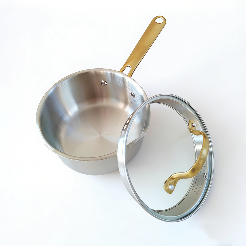 Oster Platinum Sunstreak 10pc Stainless Steel Cookware Set w/ Glass Strainer Lid - Gold PVD Handle - Gift Box w/ Remailer