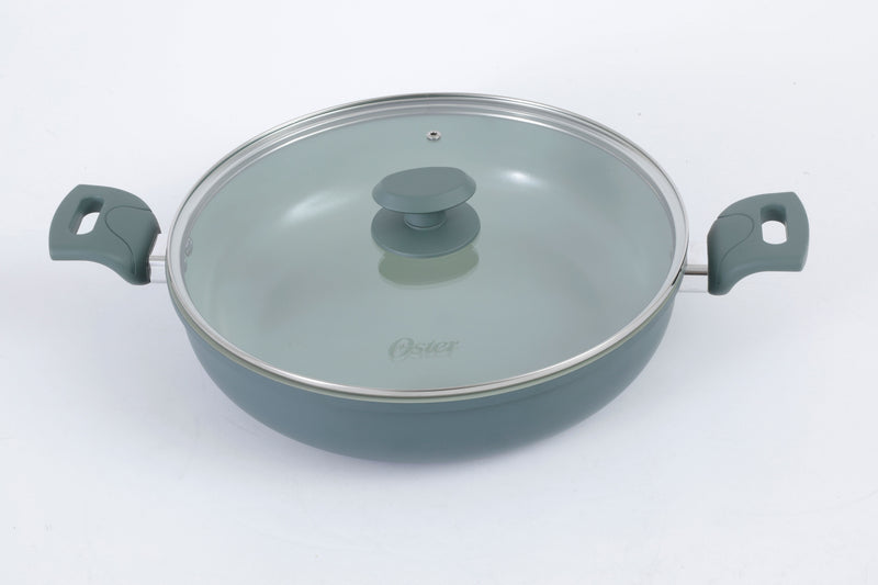 Oster Sutterville Choice 12" Aluminum Shallow Pot w/ Flat Glass Lid - Sage - Ceramic Non-Stick Interior - Soft Touch Handle - Open Stock Color Sleeve