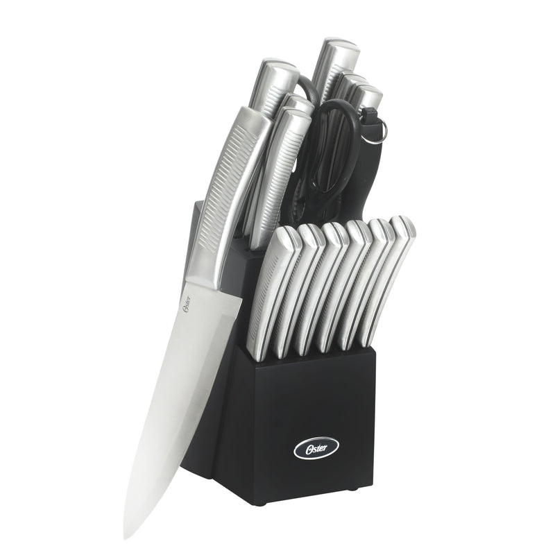 Oster Eddington 16pc Stainless Steel Cutlery Set w/ Black Wood Block - Textured Ridged Handle - GBX