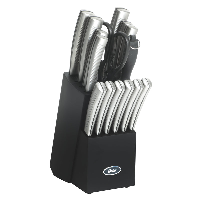 Oster Eddington 16pc Stainless Steel Cutlery Set w/ Black Wood Block - Textured Ridged Handle - GBX