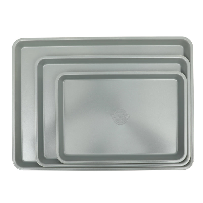 Sur La Table Kitchen Essentials Bake Sale 3pc Carbon Steel Cookie Sheet Set - Linen Exterior - Grey Non-Stick Interior - Open Stock w/ Color Label & Remailer