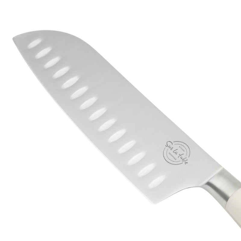 Sur La Table Kitchen Essentials Tasting Kitchen 7" Stainless Steel Santoku Knife - Eggshell - German Steel Blade - Color Plastic Handle - Clam Pack w/ Remailer