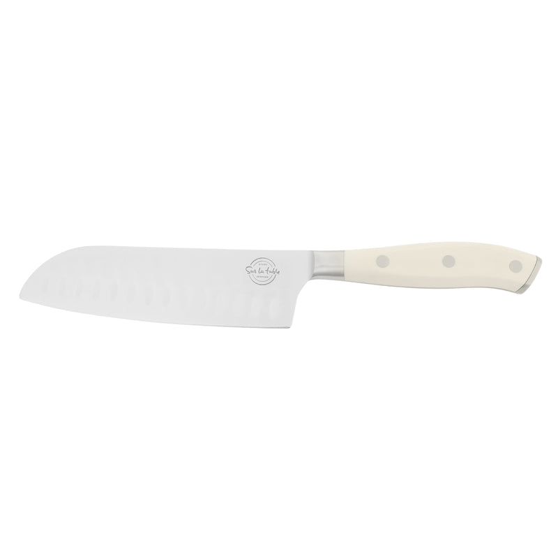 Sur La Table Kitchen Essentials Tasting Kitchen 7" Stainless Steel Santoku Knife - Eggshell - German Steel Blade - Color Plastic Handle - Clam Pack w/ Remailer
