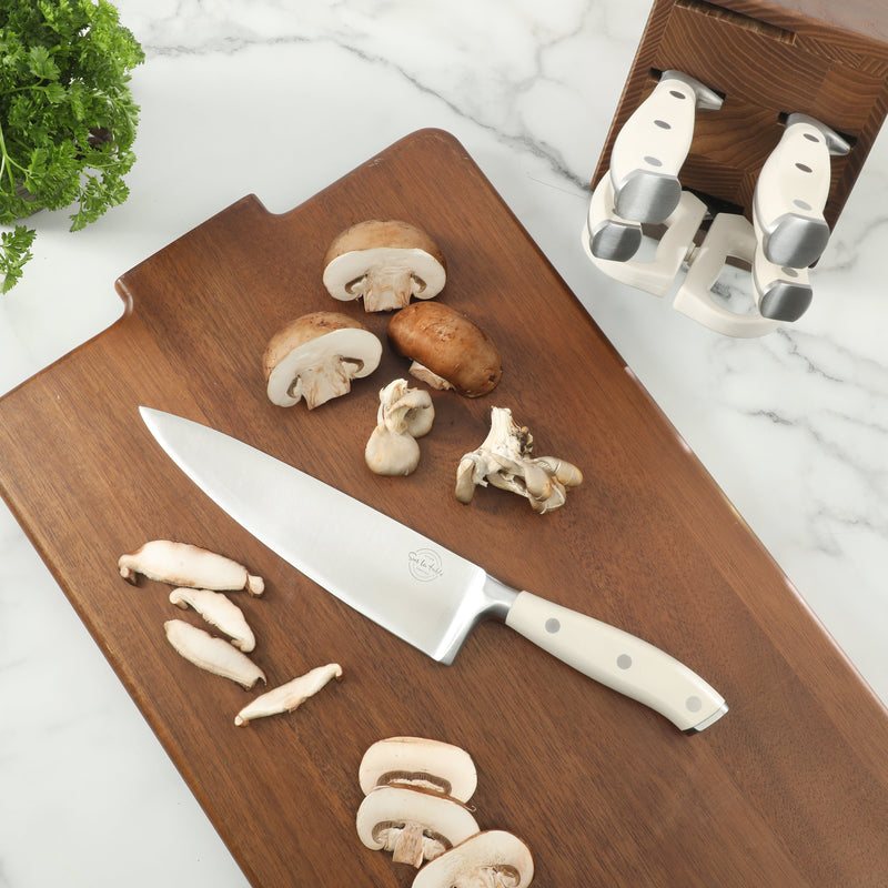 Sur La Table Kitchen Essentials 7pc Stainless Steel Cutlery Set w/ Carbonized Ashwood Block - German Steel - Taper Stone Finished - Pom Handle - GBX w/ RM