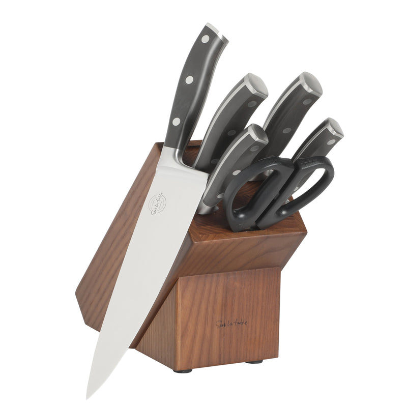 Sur La Table Kitchen Essentials 7pc Stainless Steel Cutlery Set w/ Carbonized Ashwood Block - German Steel - Taper Stone Finished - Pom Handle - GBX w/ RM