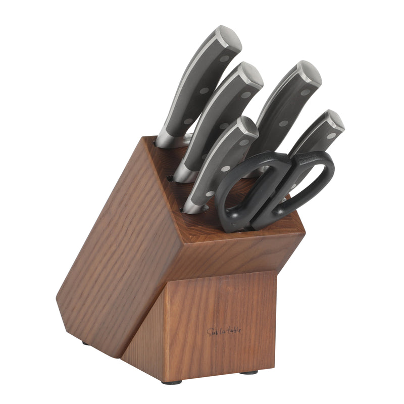 Sur La Table Kitchen Essentials 7pc Stainless Steel Cutlery Set w/ Carbonized Ashwood Block - German Steel - Taper Stone Finished - Pom Handle - GBX w/ RM