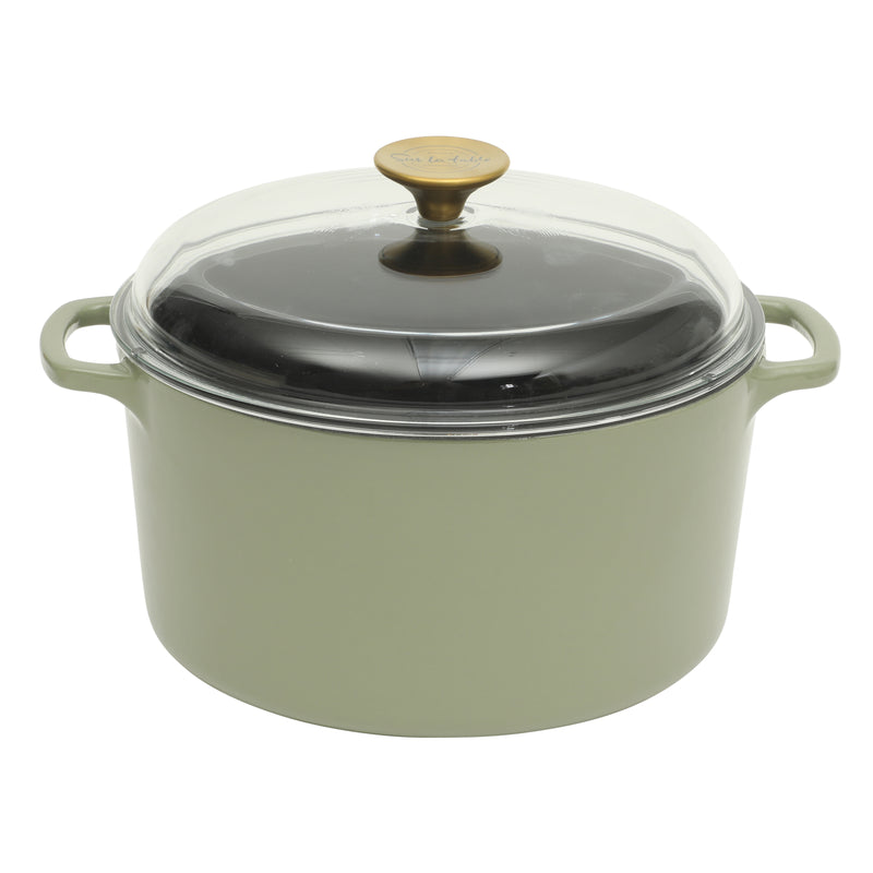 Sur La Table Kitchen Essentials Supper Club 5.5 qt Enamel Cast Iron Dutch Oven w/ Borosilicate Lid - Glossy Enamel In/Ext - Stainless Steel Knob -Enameled - Color Sleeve w/ RM