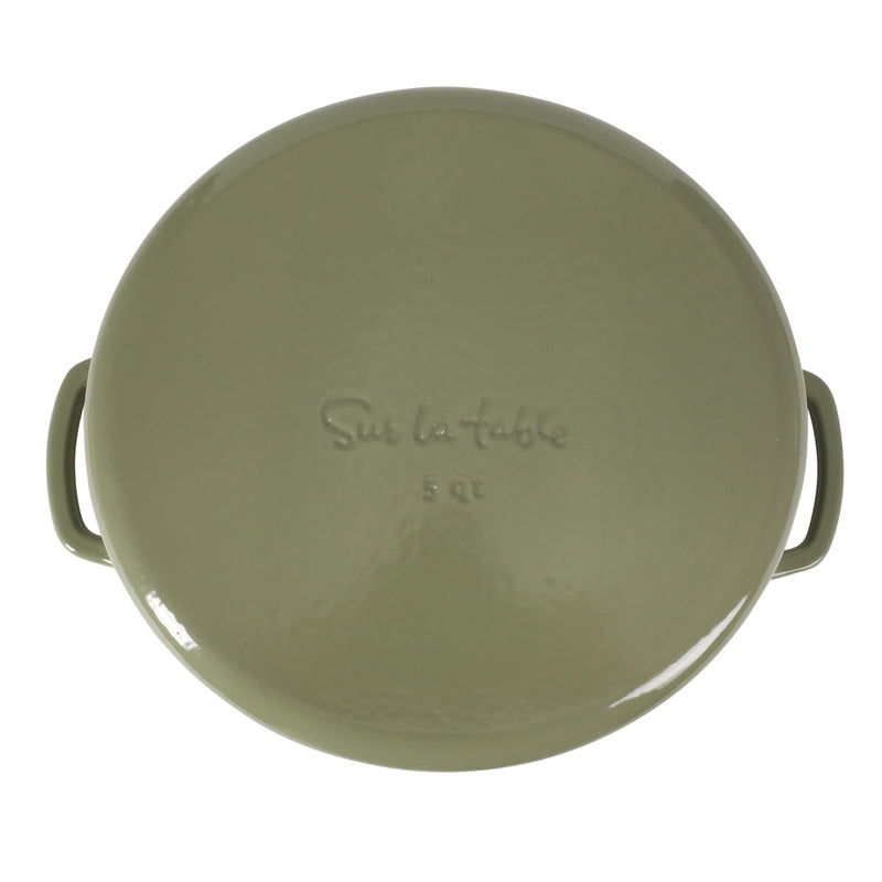 Sur La Table Kitchen Essentials Supper Club 5.5 qt Enamel Cast Iron Dutch Oven w/ Borosilicate Lid - Glossy Enamel In/Ext - Stainless Steel Knob -Enameled - Color Sleeve w/ RM