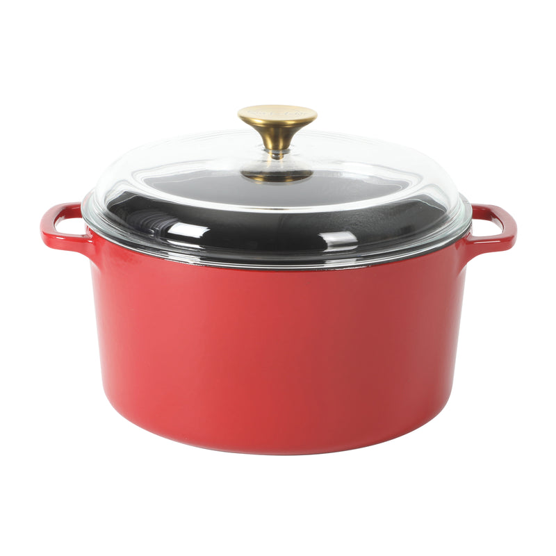 Sur La Table Kitchen Essentials Supper Club 5.5 qt Enamel Cast Iron Dutch Oven w/ Borosilicate Lid - Glossy Enamel In/Ext - Stainless Steel Knob -Enameled - Color Sleeve w/ RM