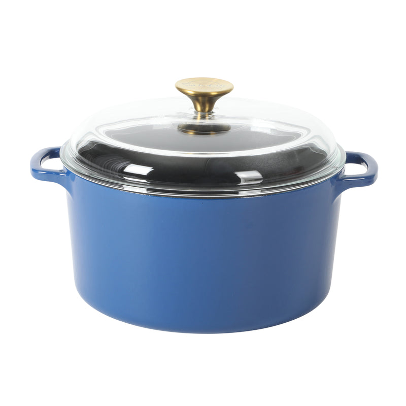 Sur La Table Kitchen Essentials Supper Club 5.5 qt Enamel Cast Iron Dutch Oven w/ Borosilicate Lid - Glossy Enamel In/Ext - Stainless Steel Knob -Enameled - Color Sleeve w/ RM
