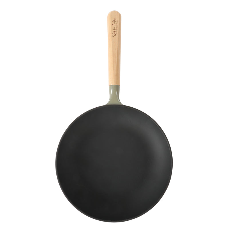 Sur La Table Kitchen Essentials Main Canteen 9.5" Enameled Light Cast Iron Skillet - Wood Handle - Color Sleeve w/ Remailer