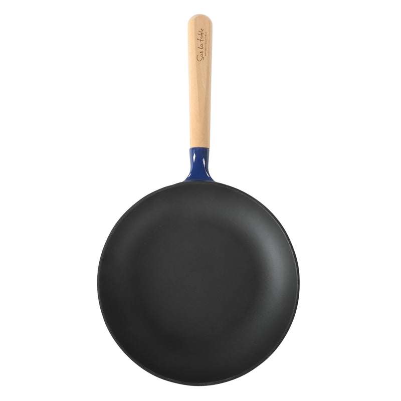 Sur La Table Kitchen Essentials Main Canteen 9.5" Enameled Light Cast Iron Skillet - Wood Handle - Color Sleeve w/ Remailer