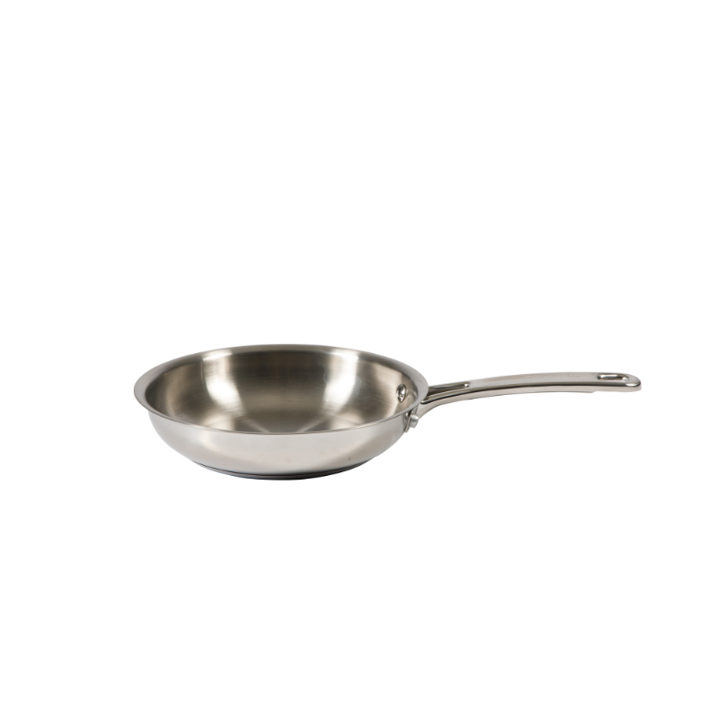 Sur La Table Kitchen Essentials Chef's Deck 8" Stainless Steel Frying Pan - Polish Exterior - Impact Bonded Base - Induction - Stainless Steel Hollow Handle - Color Sleeve w/ Remailer