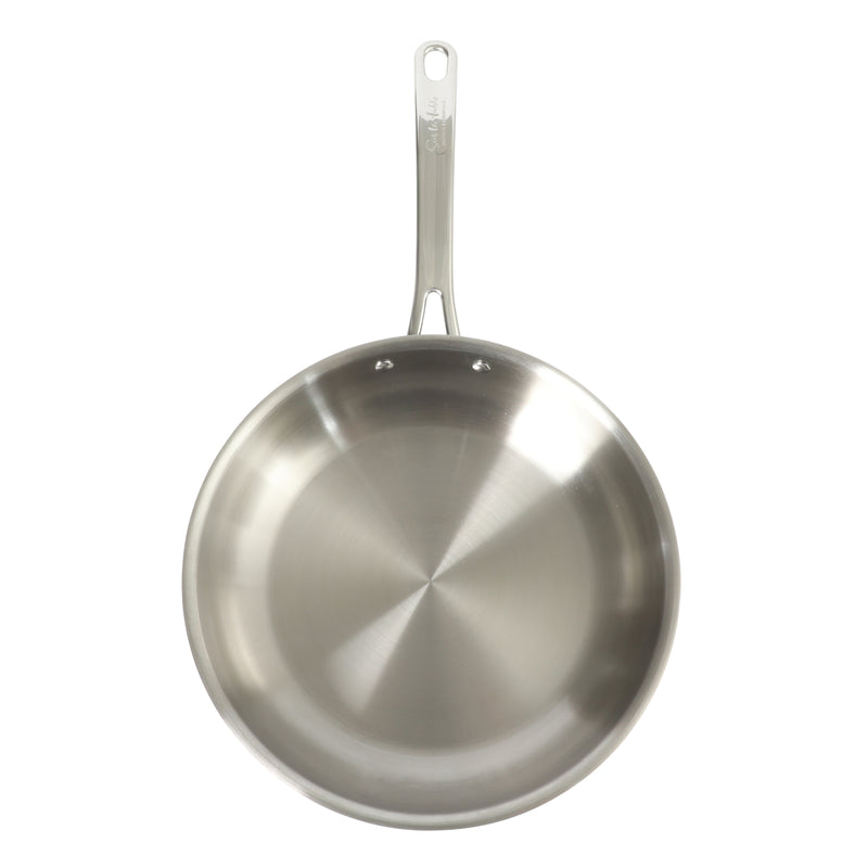 Sur La Table Kitchen Essentials Chef's Deck 12" Stainless Steel Frying Pan - Polish Exterior - Impact Bonded Base - Induction - Stainless Steel Hollow Handle - Color Sleeve w/ Remailer
