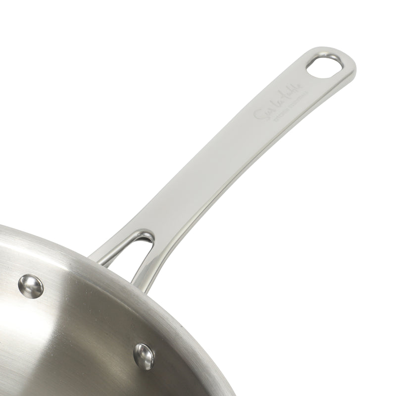 Sur La Table Kitchen Essentials Chef's Deck 12" Stainless Steel Frying Pan - Polish Exterior - Impact Bonded Base - Induction - Stainless Steel Hollow Handle - Color Sleeve w/ Remailer