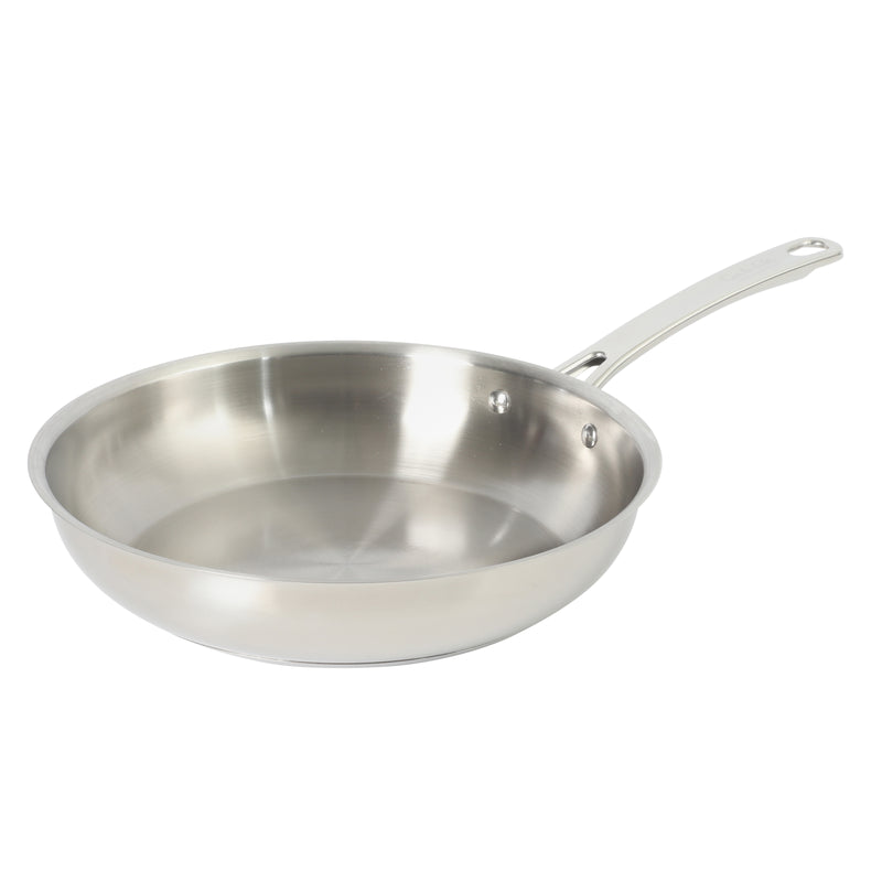 Sur La Table Kitchen Essentials Chef's Deck 12" Stainless Steel Frying Pan - Polish Exterior - Impact Bonded Base - Induction - Stainless Steel Hollow Handle - Color Sleeve w/ Remailer