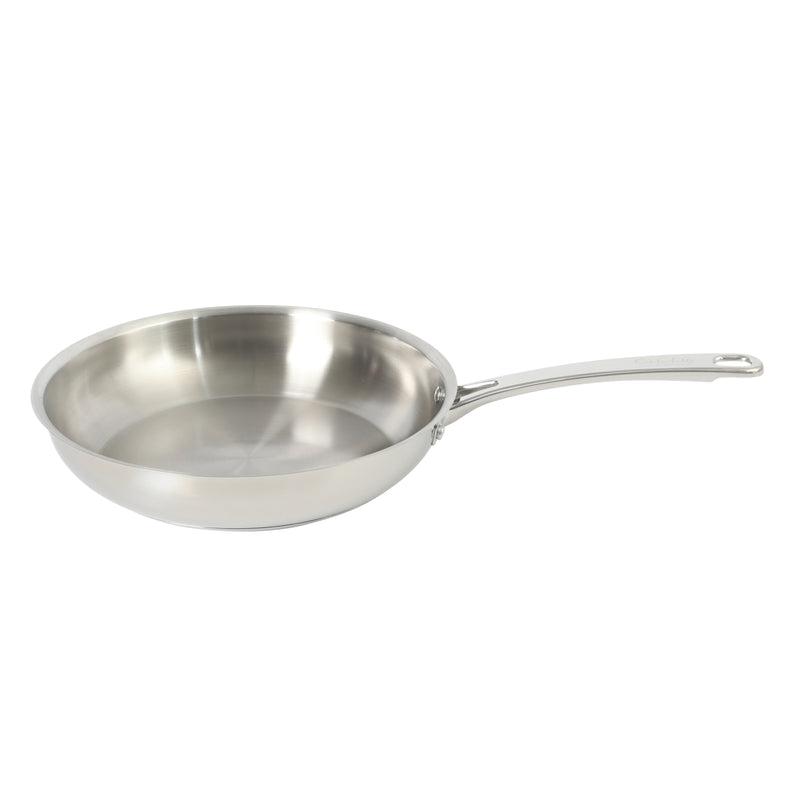 Sur La Table Kitchen Essentials Chef's Deck 12" Stainless Steel Frying Pan - Polish Exterior - Impact Bonded Base - Induction - Stainless Steel Hollow Handle - Color Sleeve w/ Remailer
