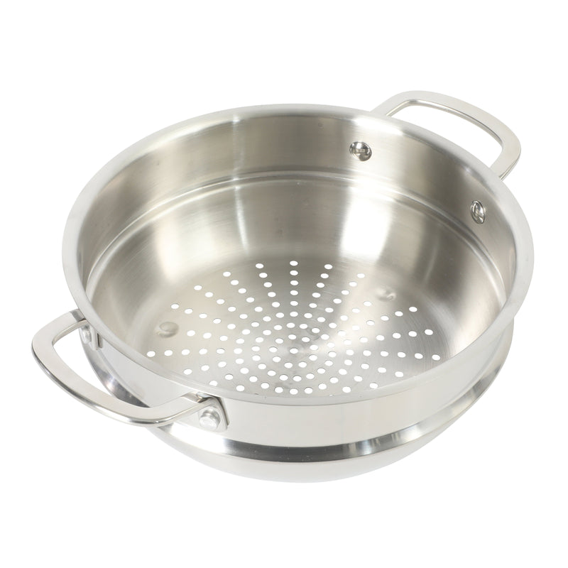 Sur La Table Kitchen Essential Chef's Deck 5.3 qt Stainless Steel Dutch Oven w/ Steamer & Glass Lid - Polish Exterior - Impact Bonded Base - Induction - Stainless Steel Hollow Handle - Color Sleeve w/ Remailer
