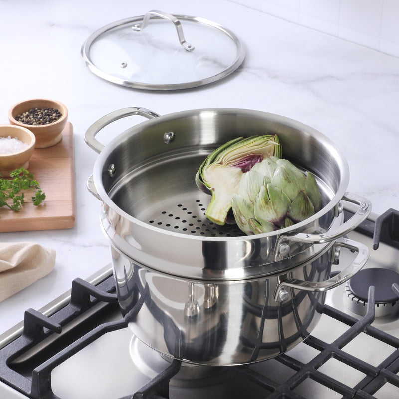 Sur La Table Kitchen Essential Chef's Deck 5.3 qt Stainless Steel Dutch Oven w/ Steamer & Glass Lid - Polish Exterior - Impact Bonded Base - Induction - Stainless Steel Hollow Handle - Color Sleeve w/ Remailer